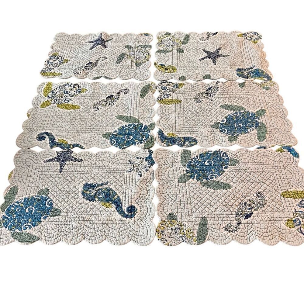 Set of 6 C&F Home Sea Turtle Cove Cotton Quilted Scalloped Placemates